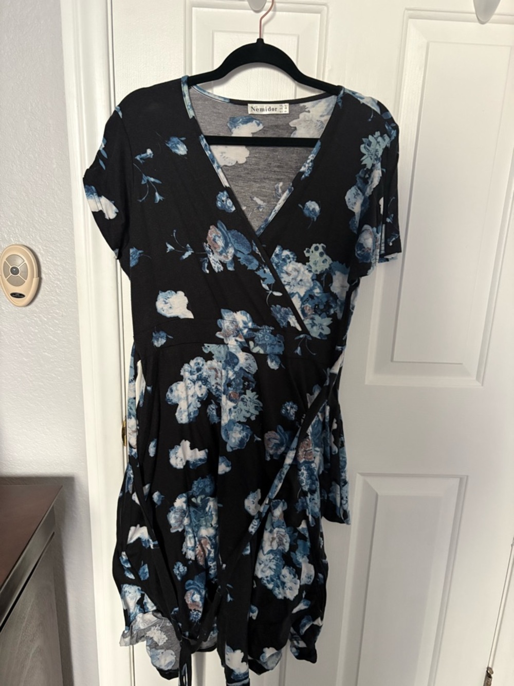 Floral Wrap Dress - Black with Blue & White Flowers